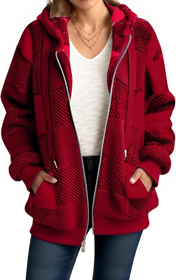 Womens Fleece Jacket Fashion Casual Plaid Hoodies Loose Fit Zip Up Sweatshirt Outwear Ladies Checked Hoodie Winter Warm Fuzzy Fluffy Coat Thermal Thick Zipper Hooded Outerwear Overcoat