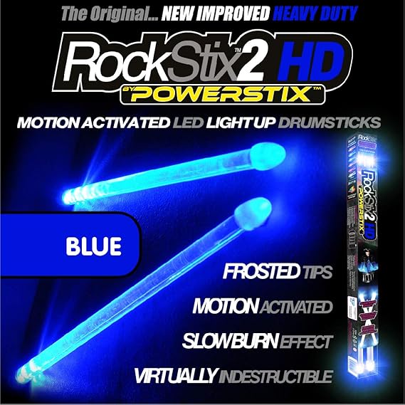 2 HD BLUE, BRIGHT LED LIGHT UP DRUMSTICKS, with fade effect, Set your gig on fire! BLUE ROCKSTIX
