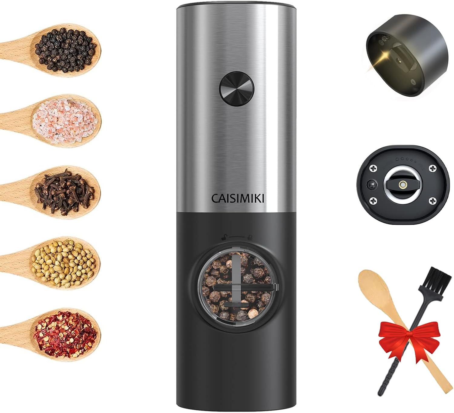 Electric Salt or Pepper Grinder Battery Operated, Automatic Salt and Pepper Mill Grinder Shakers with LED Light, Adjustable Coarseness, Include Brush and Spoon, Stainless Steel 1 PACK