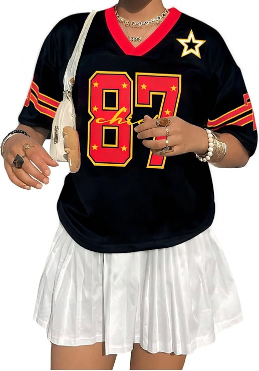 Oversized Jersey Shirts for Women Shirts Y2K Number Graphic Jerseys V Neck Cute Streetwear Tee Tops