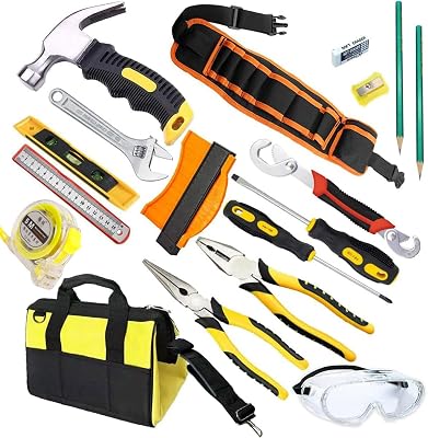 18-Piece Kids Real Tool Starter Kit with Tool Bag Hammer,Kids Safety Goggles, Pliers, Wrench,Screwdrivers,DIY Real Tools for Boys & Girls Beginner Learning Gift, Tool Belt Waist 22-40"
