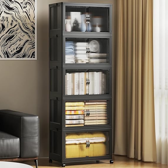 SAILUN 175Qt Stackable Storage Bins,Storage Cabinet with a Lid,5 Pack Black | Stackable Storage Drawers with Lids,18" W x 11" D x 51" H,Featuring open-front Access for Clothes and Closet Storage