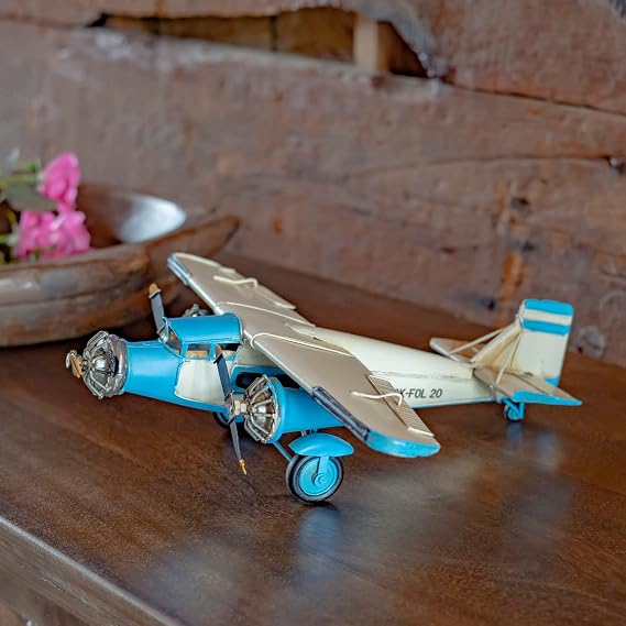 Zaer Ltd. Vintage Style Metal Airplane Decorations (Blue 3-Propeller Plane)