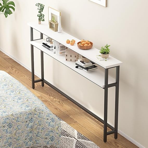 2-Tier Sofa Table, Entryway Table, Console Table, Wood Couch Table, Narrow Sofa Table with Metal Frame, Behind Couch Table, for Entryway, Living Room, Hallway, Couch(White,L140cm/55.1in)