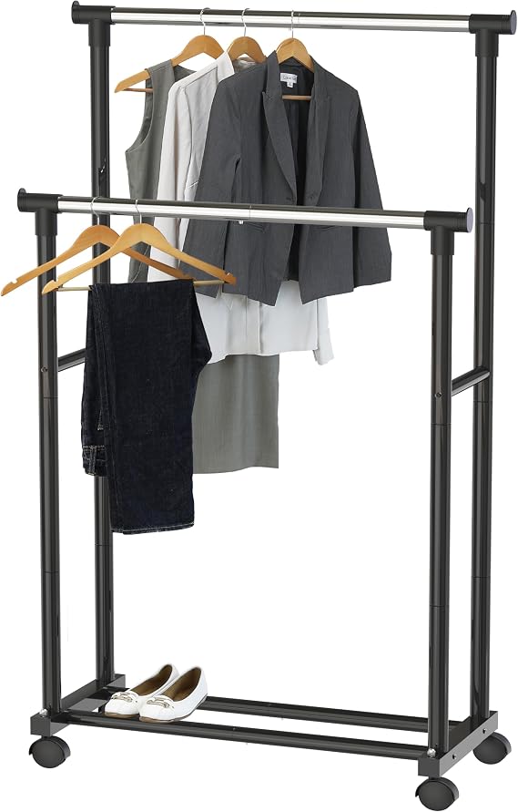 Simple Houseware Double Rods Clothing Hanging Rack on Wheels, Black
