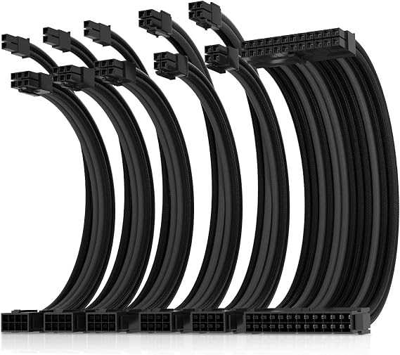 Asiahorse Power Supply Sleeved Cable for Power Supply Extension Cable Wire Kit 1x24-PIN/ 2x8-PORT (4+4) M/B,3x8-PORT (6+2) PCI-E 30cm Length with Combs(Dual EPS Black-Mix)