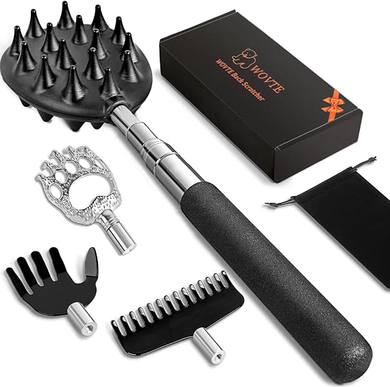 WOVTE Extendable Back Scratcher for Men Women | 4PCS Detachable Heads, Stocking Stuffers for Men Adults, Anniversary Mothers Day Fathers Day Birthday Gifts for Men Dad Mom