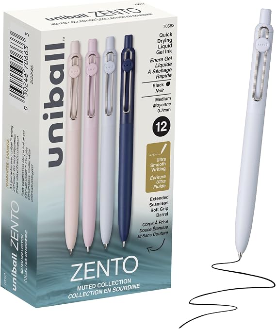 uniball™ Zento Gel Pens, Black Ink, 0.7mm, Medium Point, Retractable - 12 Pens - Smooth Writing, Fast Drying, Smear-Free, Mild Barrel Color