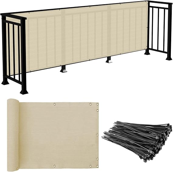 E&K Sunrise 2.5' x 13' Balcony Privacy Fence Screen Cover with Zip Ties Outdoor Screen Fence UV Protection for Deck Patio Backyard Apartment Pool Porch (Beige)