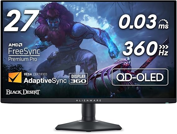 Alienware 27 Gaming Monitor - AW2725DF, QHD (2560x1440), 360Hz, QD OLED | 0.03ms, AMD FreeSync Premium Pro, 99.3% DCI-P3, HDR400, USB-C, 2 DisplayPort, HDMI, 4 USB,