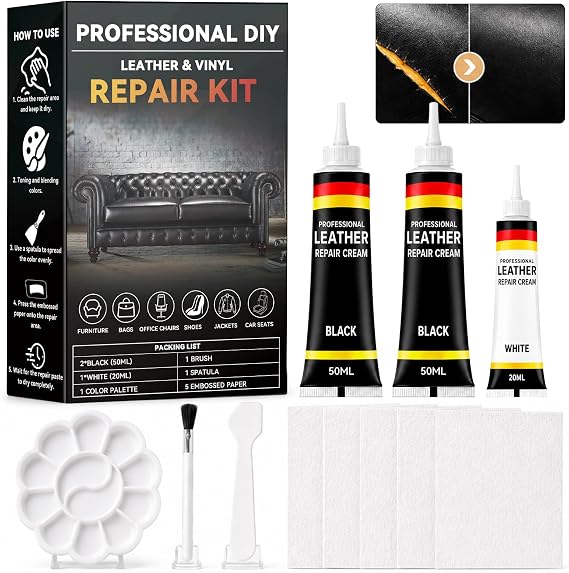 Black Leather Repair Kit, Vinyl Repair Kit Repairs Scratches, Cracks, Holes on Car Interiors, Furniture, Jacket, Sofa, Car Seat, Couch, Purse, Faux, Genuine Leather with Super Easy Instructions