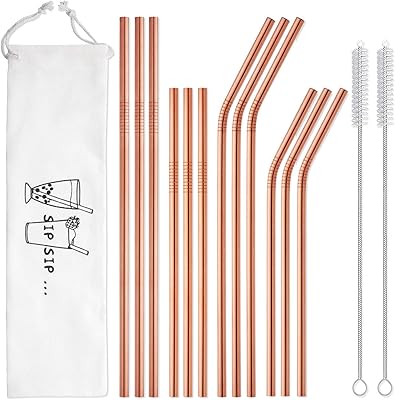 Hiware 12-Pack Rose Gold Metal Straws Reusable with Case - Stainless Steel Drinking Straws for 30oz and 20oz Tumblers Dishwasher Safe, 2 Brushes Included