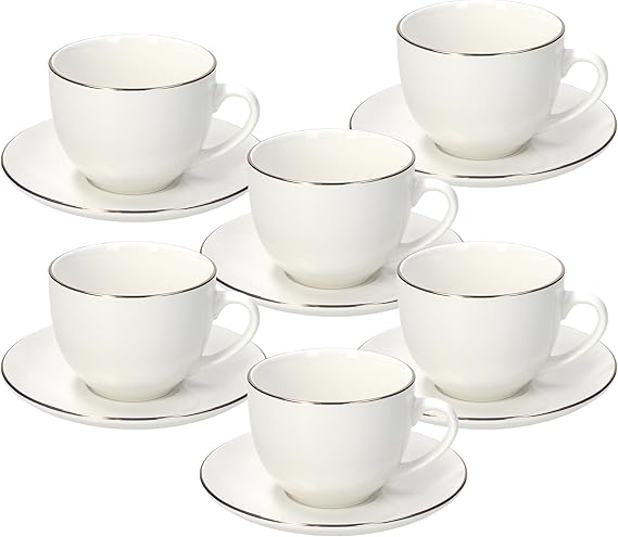 Tognana Fascetta Oro Pack of 6 Tea Cups with Saucer, Porcelain, White