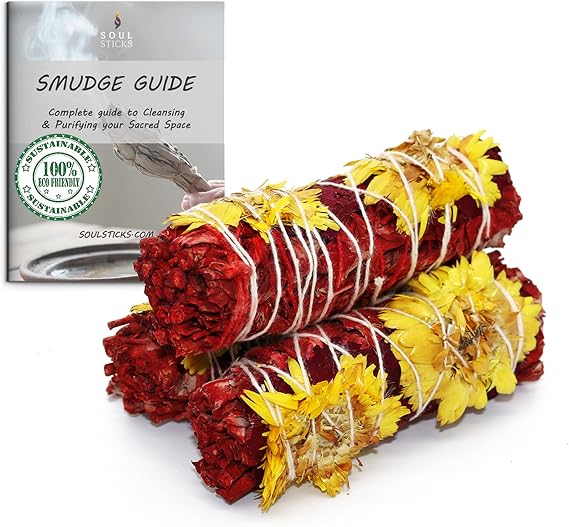 Floral White Sage Smudge Sticks with Flowers 3 Pack for Cleansing Home, Meditation, Yoga, Healing and Smudging | Sustainably Sourced California White Sage Bundles (Red Romance)