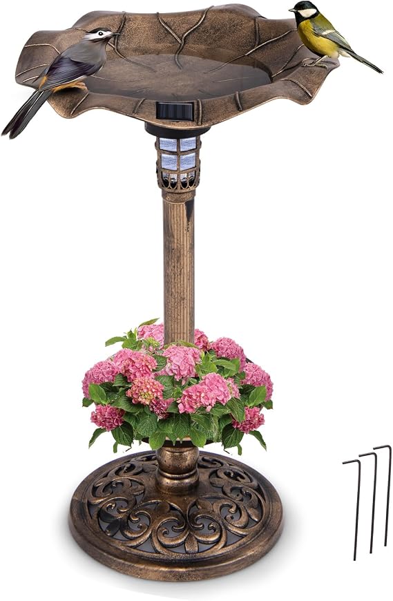 GIANTEX Bird Bath for Outside, 30 inch Solar Lighted Bird Bath and Feeder with Flower Planter, Lotus Leaf Water Bowl, 3 Stakes, Vintage Birdbath Outdoor Decoration for Garden Yard Lawn Patio (Bronze)