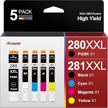 280XXL 281XXL Ink Cartridges High Page Yield 5-Pack Compatible for Canon PGI-280XXL CLI-281XXL Ink 280 281 Ink Cartridges Work with TR8620a TR8620 TR8520 TR8600 TS9521C TR7520 Printer, PGBK BK C M Y