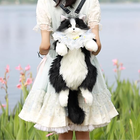 Chongker Realistic Cat Plush - Lifelike Cat Shape Backpack, Handmade, Cat Plush Pet, Adorable Appearance, Adequate Capacity, Lovely Accessory, Black Cat Backpack