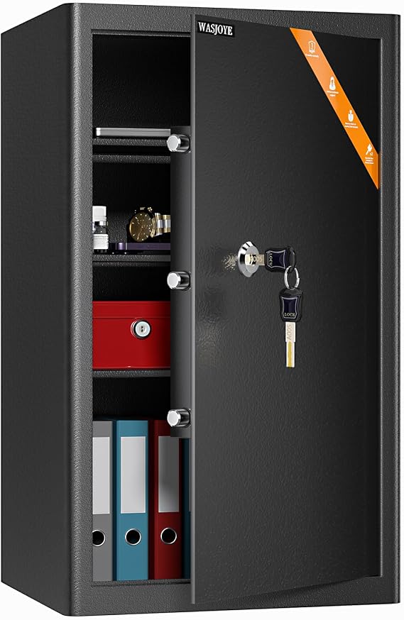 WASJOYE Safe Lock Box with Keys, High Security Safety Box, 67L Steel Lock Safes for Home/Office, Cabinet Keys Safe Lock Box for Money Cash Jewelry Medicine Document, 62.5 * 37 * 31CM
