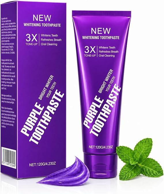 Teeth Whitening Purple Toothpaste, 3X Whitening Formula for Bright Smile,Enamel Safe, Sensitive Teeth Friendly, Fluoride Toothpaste with Fresh Breath for Coffee Tea Stains. (Pack of 1 pcs)