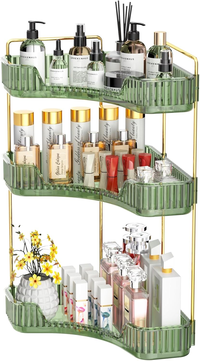 GTI 3-Tier Corner Bathroom Counter Organizer, Large Capacity Makeup Organizer Countertop, Perfume Cosmetics Skincare Vanity Organizers, Exquisite Countertop Storage for Women Green