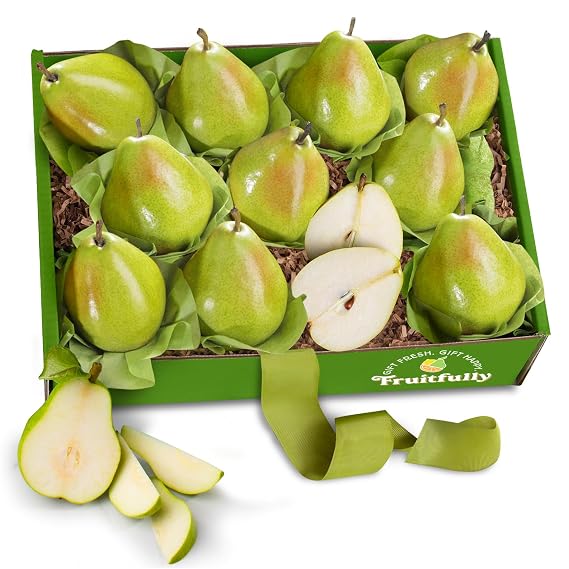 A Gift Inside Organic DAnjou Pear Gift Basket, 11 Count Fresh Organic Pears, Premium Fruit Gift for Any Occasion, Earth-Friendly Gift Box with Signature Bow