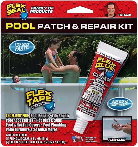 Flex Seal Pool Patch and Repair Kit, Super Strong, Waterproof, Rubberized, UV Resistant, Seal and Patch Leaks, Works Underwater, Use on Pools, Hot Tubs and Spas, Tiles and Patio Furniture