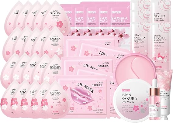 Skin Care for Teenage Girls, 38PCS Skin Care Sets & Kits, Sakura Skincare Set, Pamper Sets for Women Gifts, Serum, Hand Cream, Eye Mask, Sleep Mask, Lip Mask, Cleanser, Cream, Lotion, Toner, Mud Mask