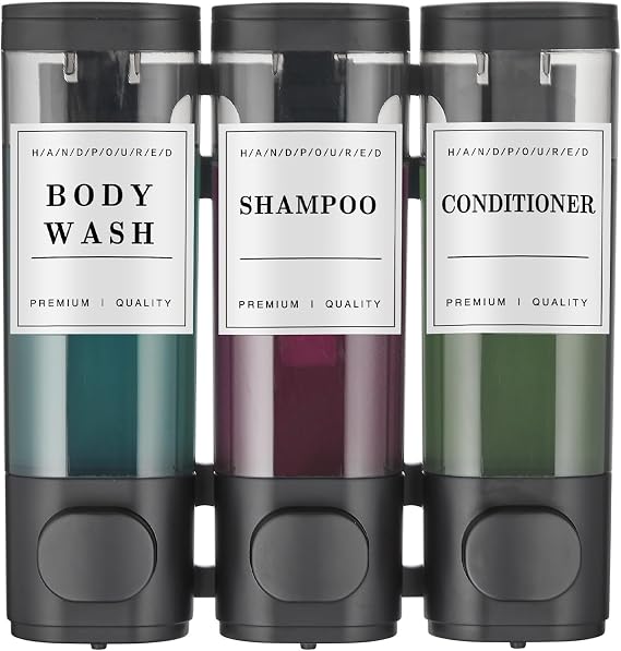 Shampoo and Conditioner Dispenser Shower Dispenser Body Wash Wall Mounted Shampoo Dispenser for Shower Wall No Drill for Bathroom Hotel 3 Chamber x 350ml Black with Waterproof Labels