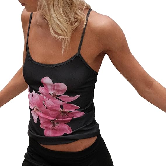 Y2k Sleeveless Crop Tank Top Women Sexy Low Cut Floral Graphic Camisole Spaghetti Strap Hibiscus Hawaii Beach Cami