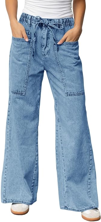 Women's Wide Leg Jeans High Waisted Denim Pants with Drawstring