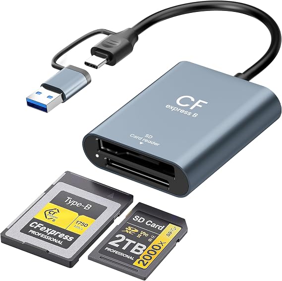 CFexpress Type B & SD Card Reader, USB 3.2 10Gbps Dual Slot, 2-in-1 USB-C/USB-A CFexpress Type B Adapter for Windows/Mac/Linux/Android, Ideal for Photographers & Videographers