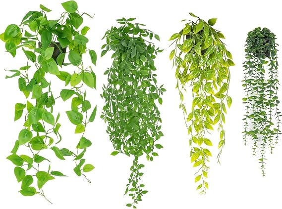 Artificial Hanging Plants with Pots Fake Ivy Vine Trailing Plants UV-Resistant PE Faux Greenery for Indoor Outdoor Home Decor Wall Patio Shelf and Office Decoration (Green 4Pcs)