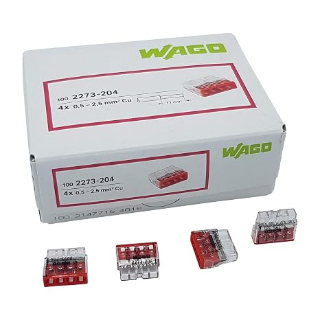 WAGO 100 Adet 2273-204 Compact Bağlantı Kutusu Kelepçesi Ø 0,5-2,5 mm², 4 kutuplu, şeffaf/kırmızı