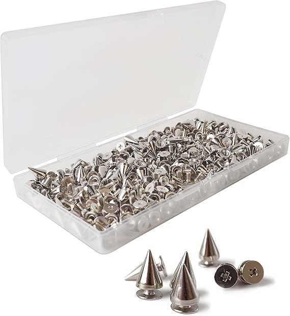 200 Sets 9.5mm Spikes for Clothing, Studs and Spikes for Crafts, Metal and Silver Cone Spikes, Punk Spikes with Storage Box by MoHern