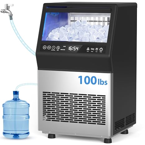 Commercial Ice Maker, 100LBS/24H Freestanding Ice Machine with Self-Priming Gallon Water& Facuet Water Inlet, Self-Cleaning, 3 Ice Thickness,16LBs Storage Bin for Home, Office,Garage, Bar, Restraunt