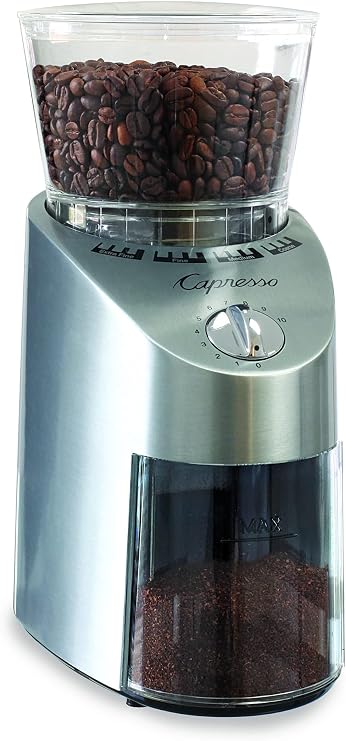 Capresso Infinity Conical Burr Grinder, See-through bean container holds up to 8.8 oz of beans | Solid Steel Conical Burrs, 16 Grind Settings, 4 Oz Grounds Container, Timer and Safety Lock
