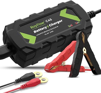 RoyPow 12V Battery Charger 3-Amp Automatic Smart Battery Maintainer, Trickle Charger, and Battery Desulfator with Alligator Clamp and Ring Terminal