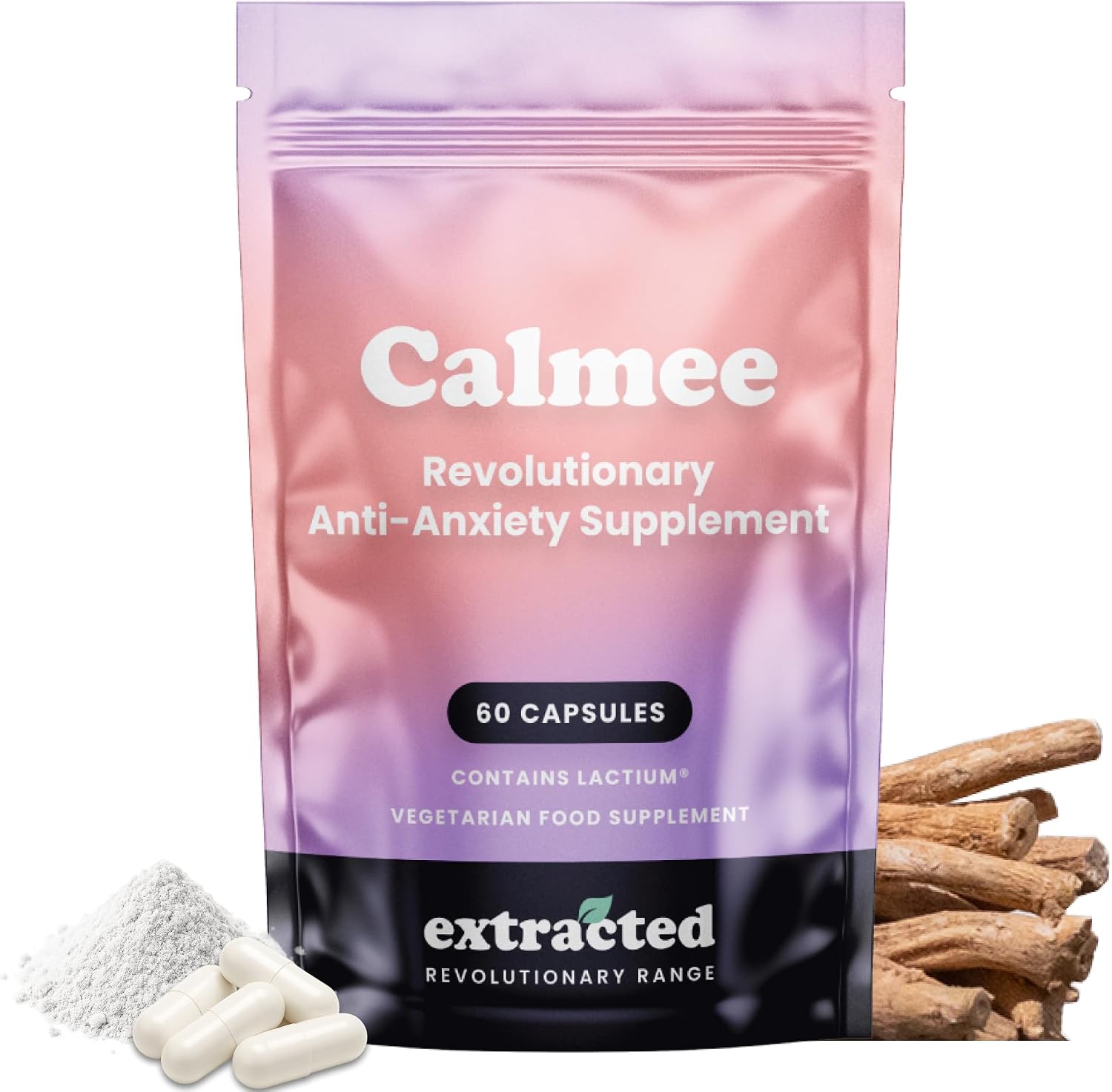 Extracted Calmee Natural Stress & Anxiety Relief Calm Supplement - 30 Day Supply - High Potency Advanced Formula with 300mg Lactium, Vitamin B6, Mood Support, 60 Vegetarian Ashwagandha Capsules
