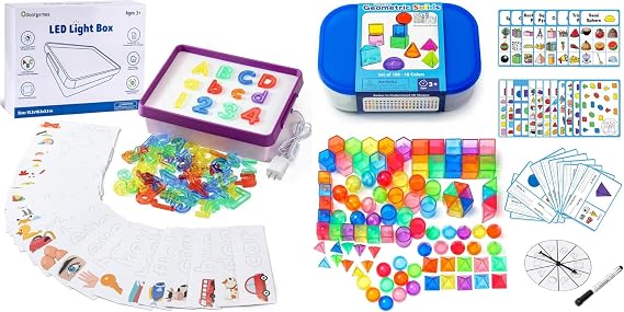 Light Table for Kids Education Light Box with 66 Translucent Letters & Numbers,100 Pcs 3D Shapes for Teaching -Geometric Solids and Geometry Manipulatives for Classroom