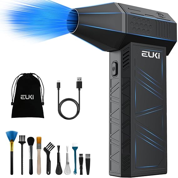 EUKI Compressed Air Duster-150000RPM Electric Air Duster, Cordless Rechargeable High-Speed Air Blower, 3-Gear Adjustable Jet Dry Blower for Keyboard, PC, Car, Air Bed and Home Cleaning, Black