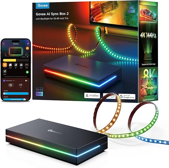 Govee HDMI 2.1 AI Sync Box 2, 8K/4K @144Hz, RGBWIC for 55-65 Inch TVs