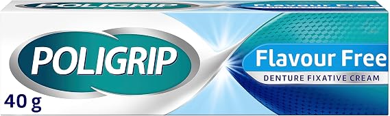 Poligrip Denture Adhesive Fixative Cream, Adhesive Flavour Free for Strong All-Day Hold of dentures, 40g
