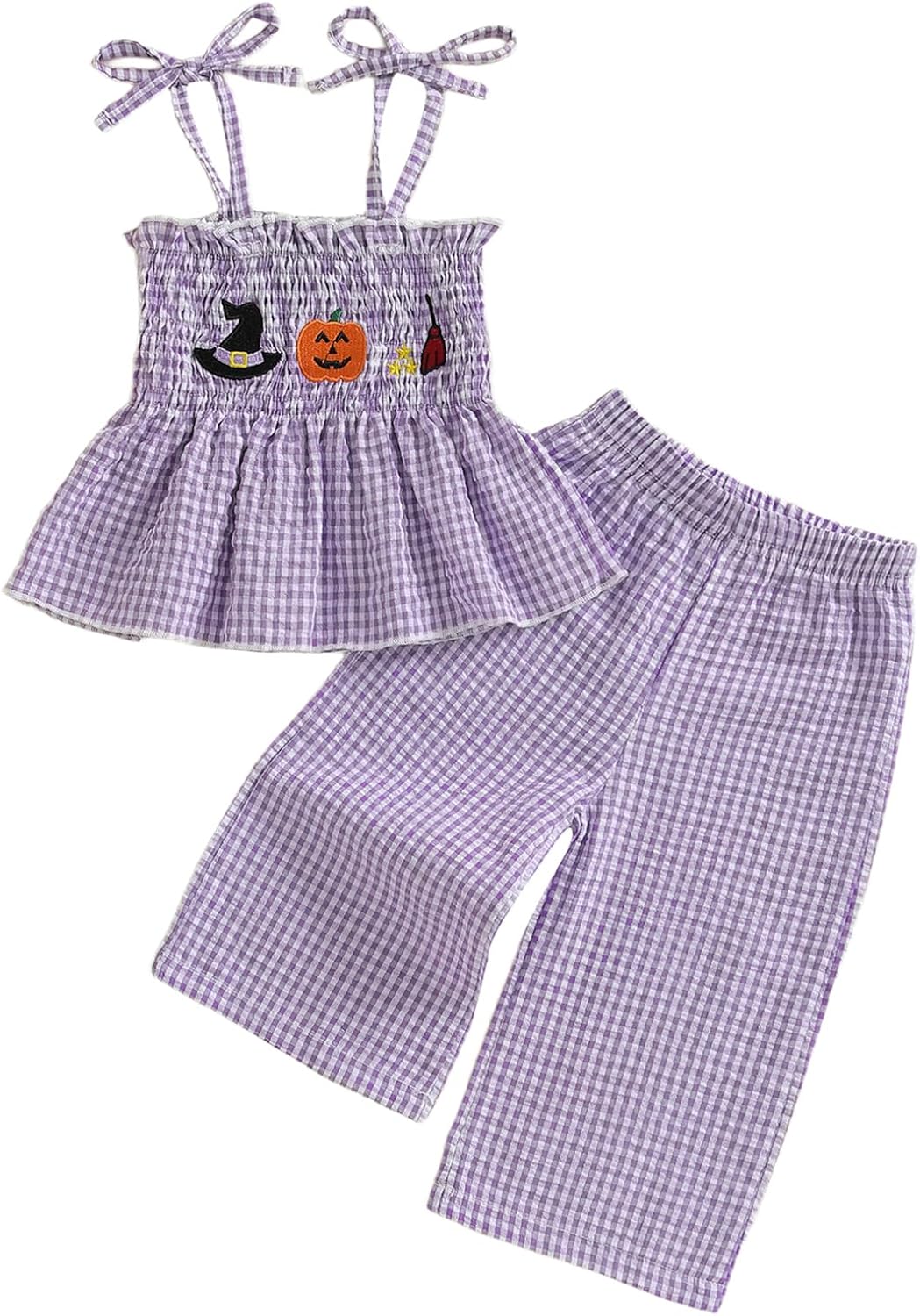 Kayotuas Toddler Girl Christmas Outfit Santa Smocked Spaghetti Strap Tank Top Dress Gingham Plaid Pants Set Christmas Clothes