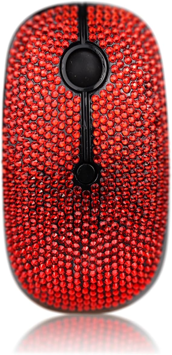 WONGS Bling Austrian Pink Crystal Rhinestone Wireless Mouse, Slim Silent 2.4G Portable Mobile Optical Mice, 3 Adjustable DPI Levels for Notebook, PC, Laptop, Computer, MacBook - Red