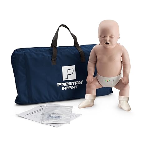 Prestan Infant CPR Training Manikin with Rate Monitor, Medium Skin | Infant CPR training manikin with compression rate monitor and medium skin tone for classroom and certification practice.