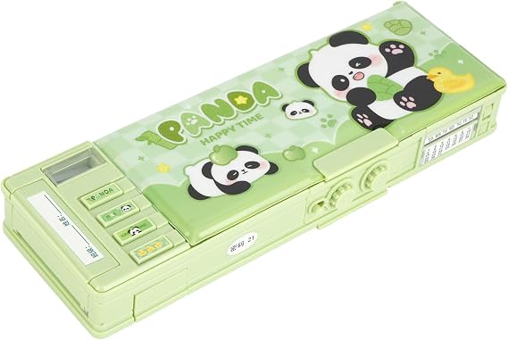 Pop up Pencil Case Cartoon Multi Pen Box with Password Lock Sharpener Schedule Whiteboard Christmas Birthday Stationery Gifts for Teen, Green Panda