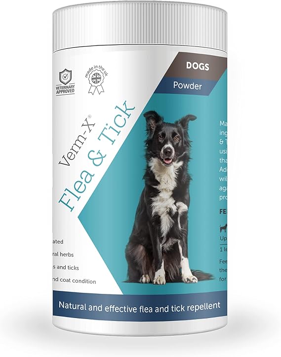 Verm-X Flea & Tick Powder for Dogs, Effective Natural Repellent, 100% Natural Ingredients, Environmentally Friendly