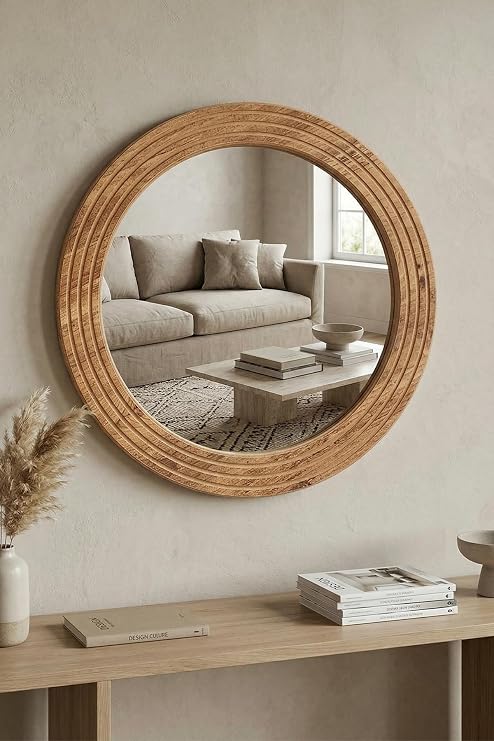 Antik Ahşap Dekoratif Ayna Yuvarlak Ayna Duvar Aynası Banyo Lavabo Aynası (small)