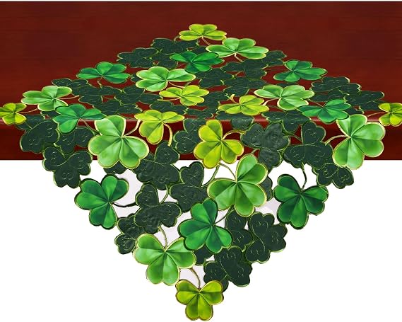 Simhomsen Small Embroidered Irish Clover Square Tablecloth for St. Patricks Day, Spring Decorations (34 x 34 inches)