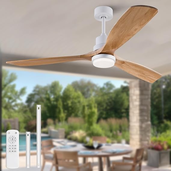 Dimmable 52 Inch Wood Ceiling Fans with Lights and Remote Control - White Outdoor Ceiling Fan with Light 3 Blades Outdoor Ceiling Fans for Patios Bedroom Ceiling Fan with Lights for Living Room Porch